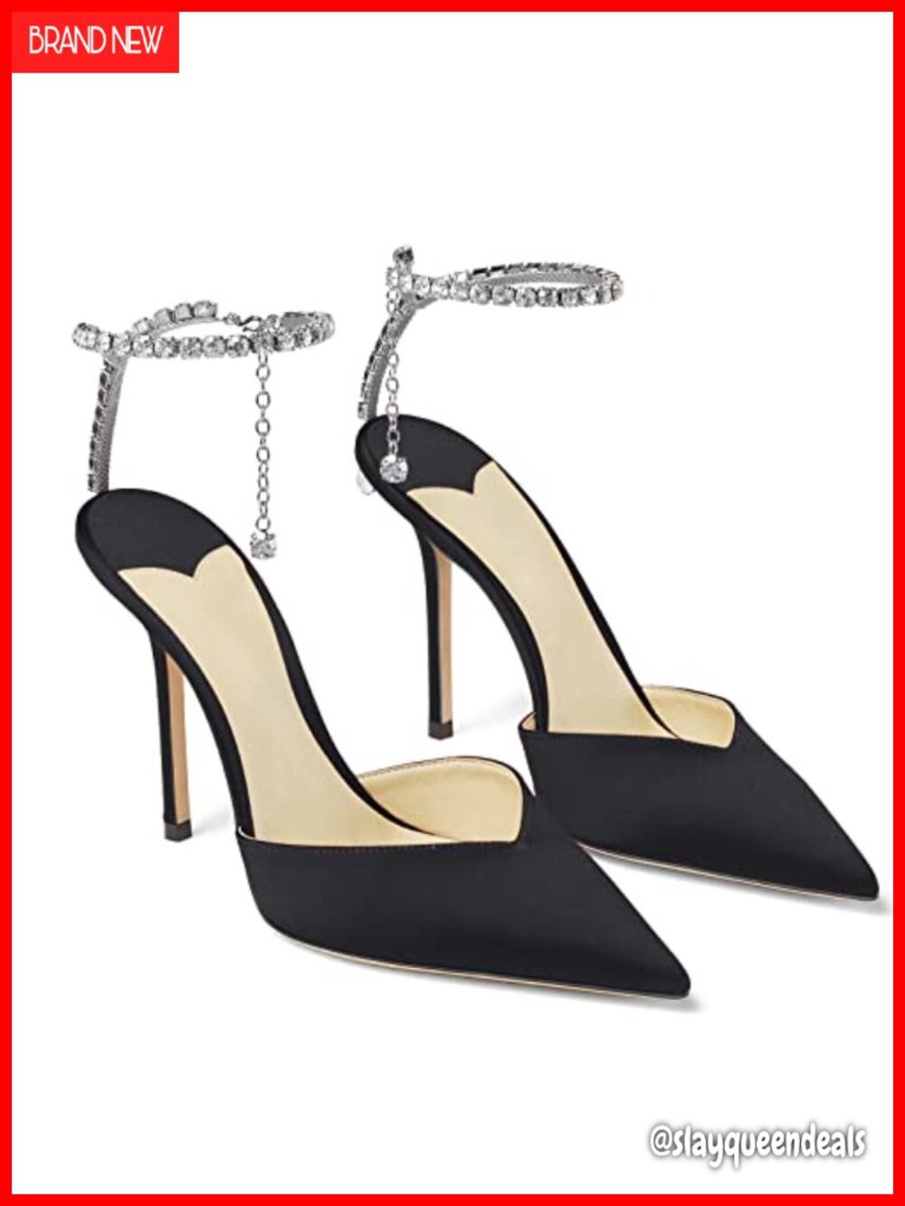 Women's Heeled Sandals Crystal Chain Ankle Strap Satin Wedding Party Dress Shoes